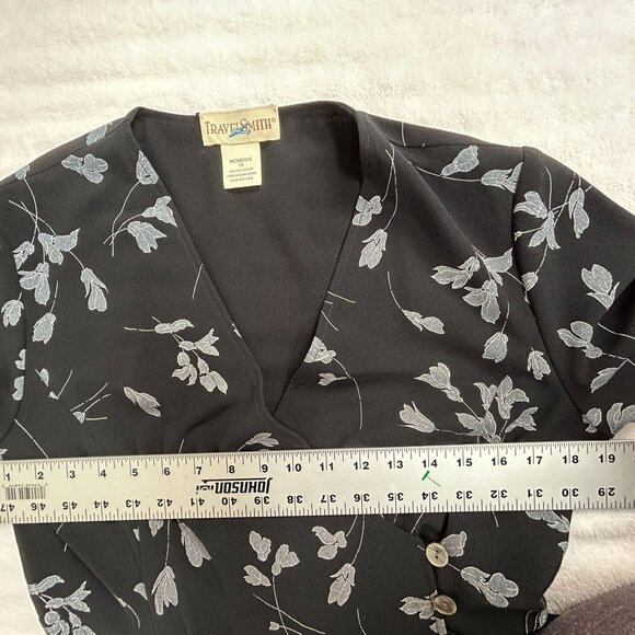 Vintage Travel Smith Black Floral Print V-Neck Short Sleeves Midi Dress Size 10 - Picture 6 of 8